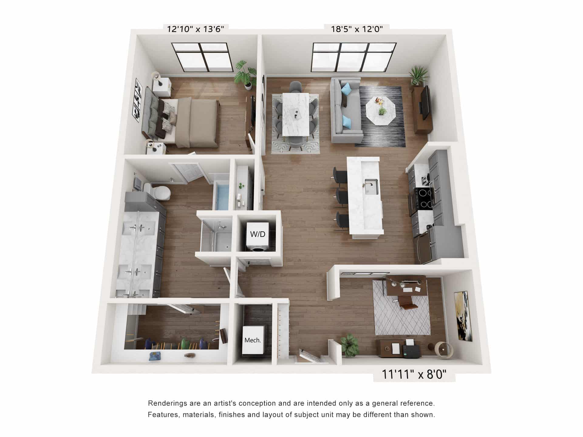 A 3D image of the A4 floorplan, a 1059 squarefoot, 1 bed / 1 bath unit