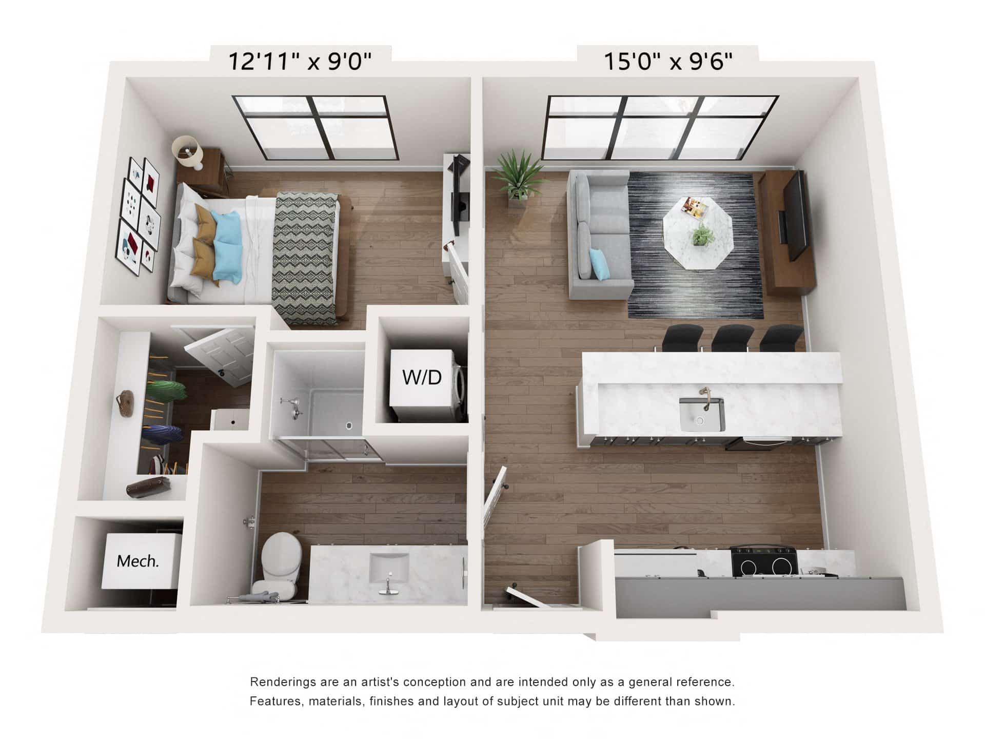 A 3D image of the A8 floorplan, a 620 squarefoot, 1 bed / 1 bath unit