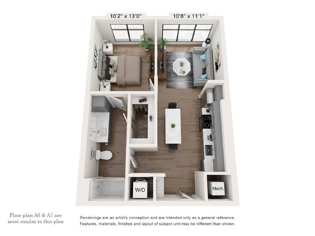 A 3D image of the A2 1 Bed 1 Bath – AFF floorplan, a 713 squarefoot, 1 bed / 1 bath unit