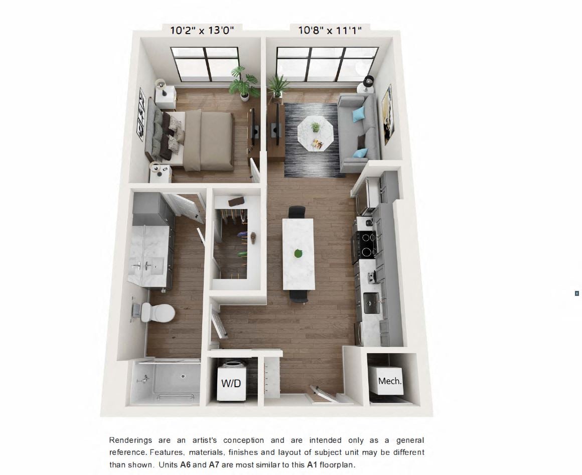 A 3D image of the A3: 1 Bed 1 Bath – AFF floorplan, a 727 squarefoot, 1 bed / 1 bath unit