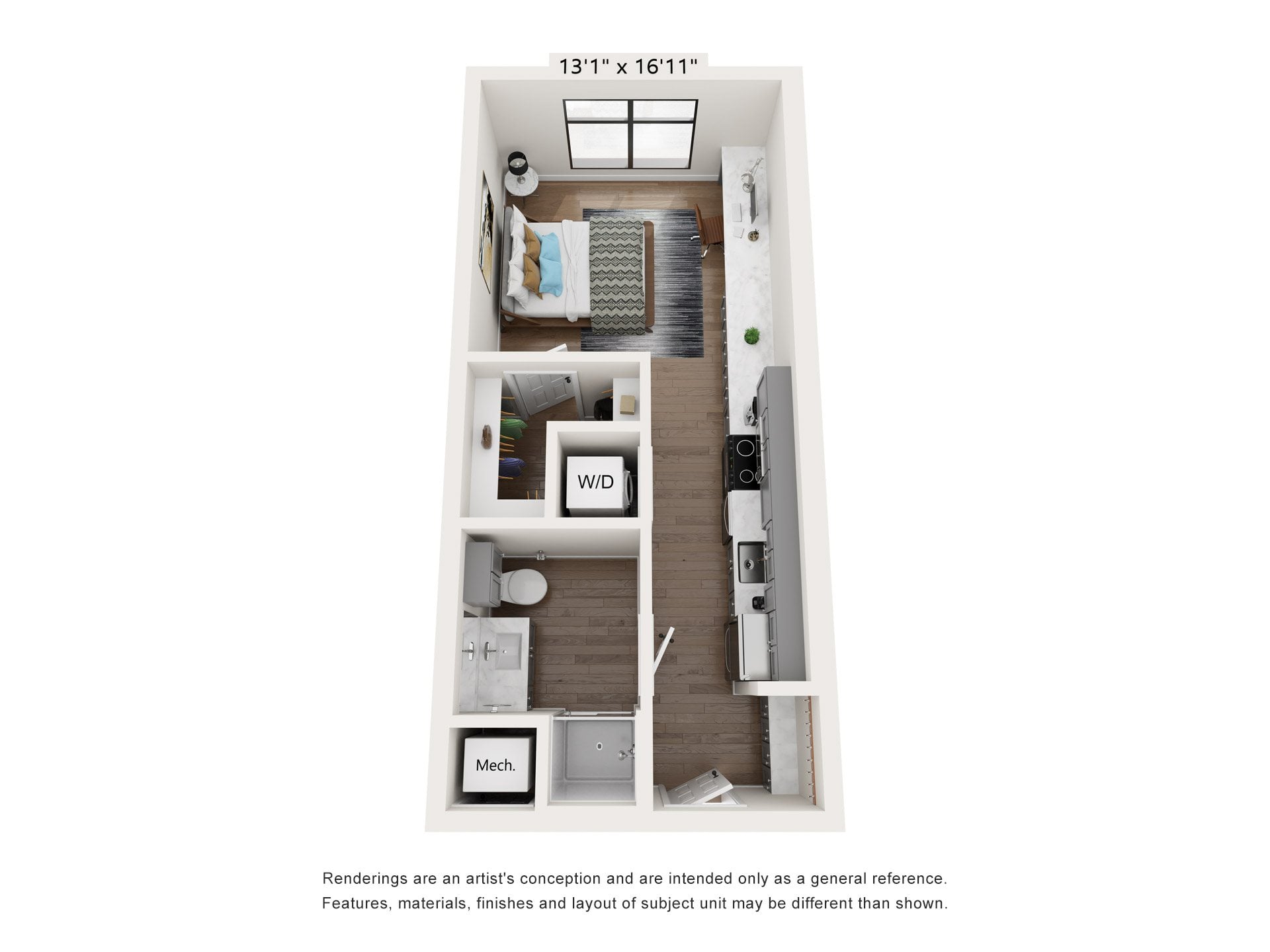A 3D image of the S3: 0 Bed 1 Bath – AFF floorplan, a 492 squarefoot, 0 bed / 1 bath unit