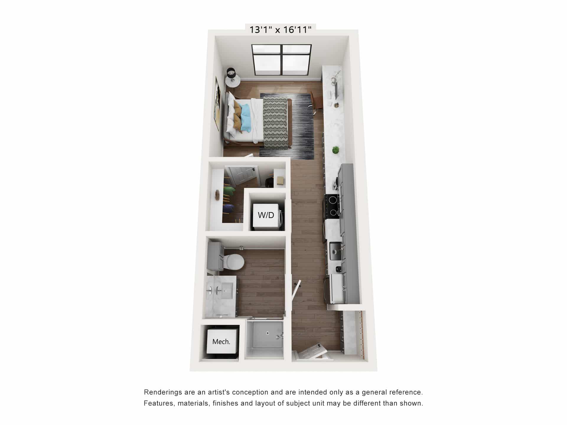 A 3D image of the S3: 0 Bed 1 Bath floorplan, a 492 squarefoot, 0 bed / 1 bath unit