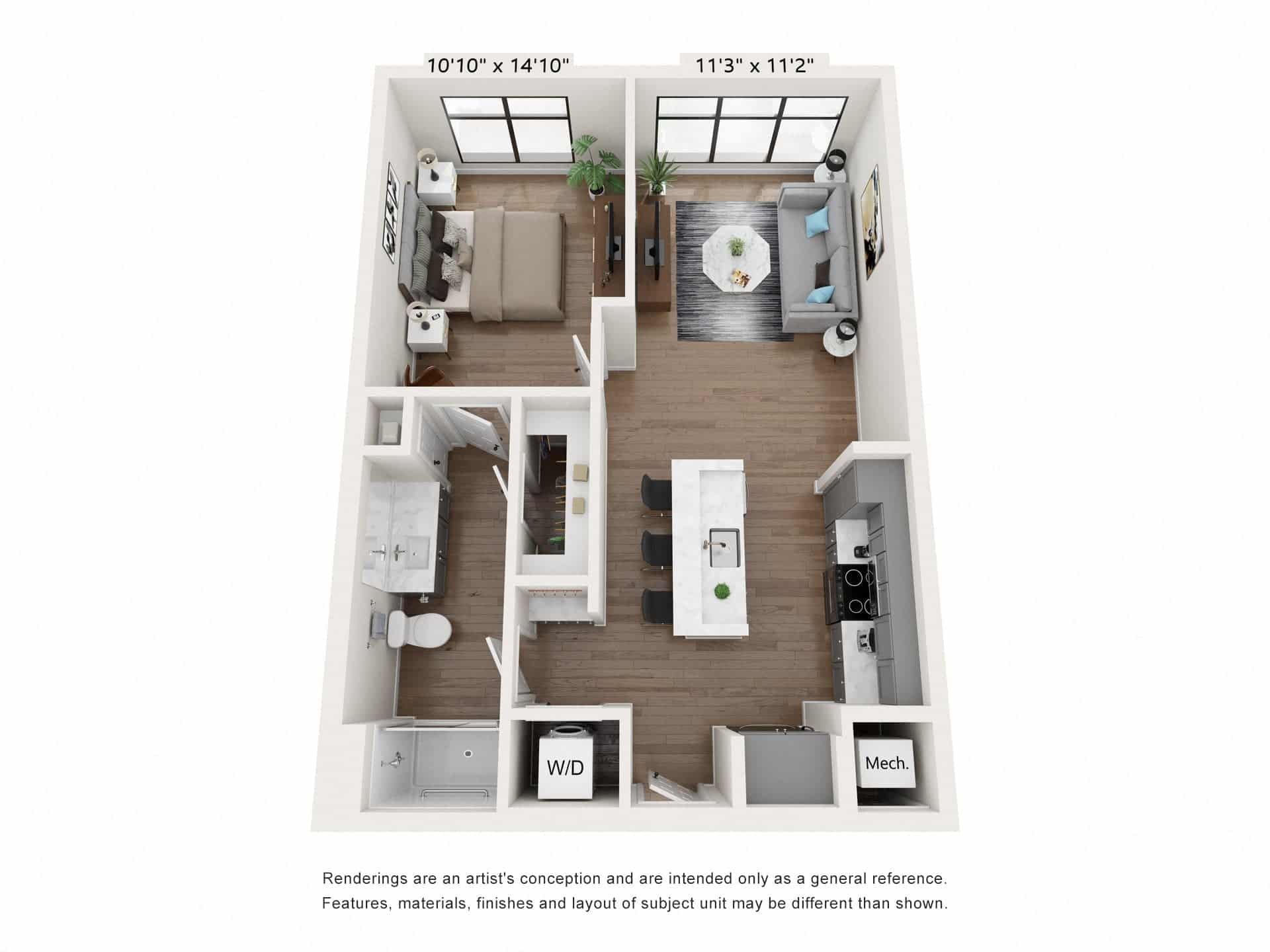 A 3D image of the A6: 1 Bed 1 Bath – AFF floorplan, a 0 squarefoot, 1 bed / 1 bath unit