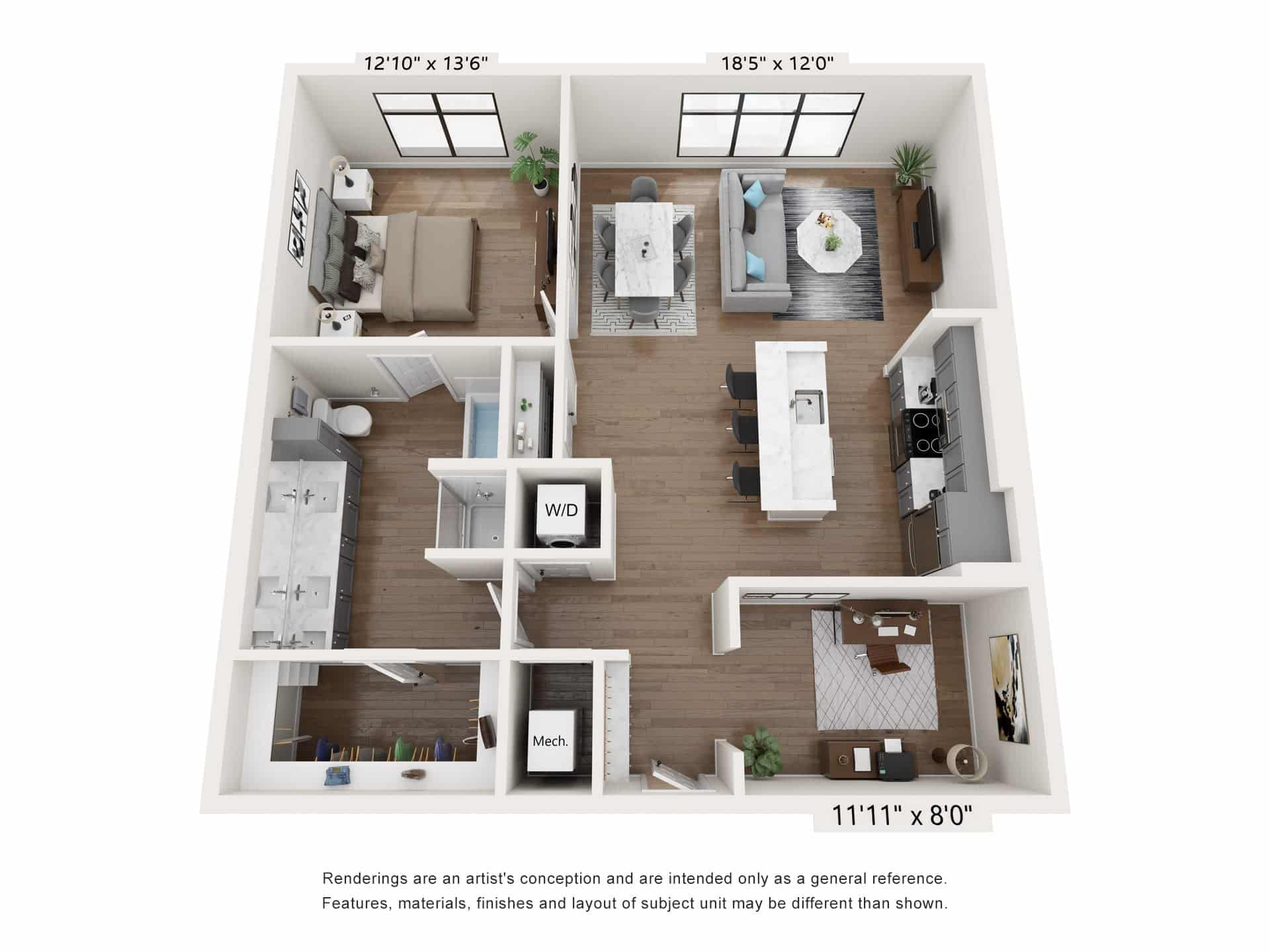 A 3D image of the A10: 1 Bed 1 Bath – AFF floorplan, a 0 squarefoot, 1 bed / 1 bath unit