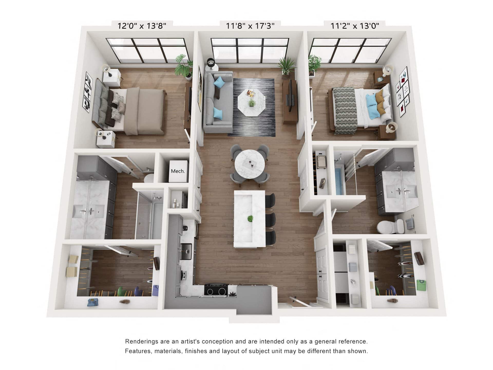 A 3D image of the B1: 2 Bed 2 Bath – AFF floorplan, a 1086 squarefoot, 2 bed / 2 bath unit