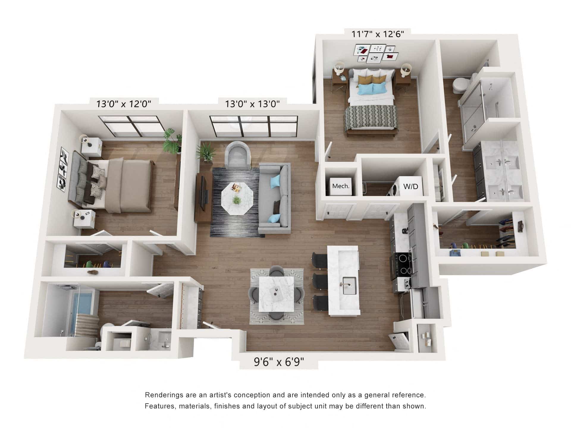 A 3D image of the B4: 2 Bed 2 Bath – AFF floorplan, a 1173 squarefoot, 2 bed / 2 bath unit