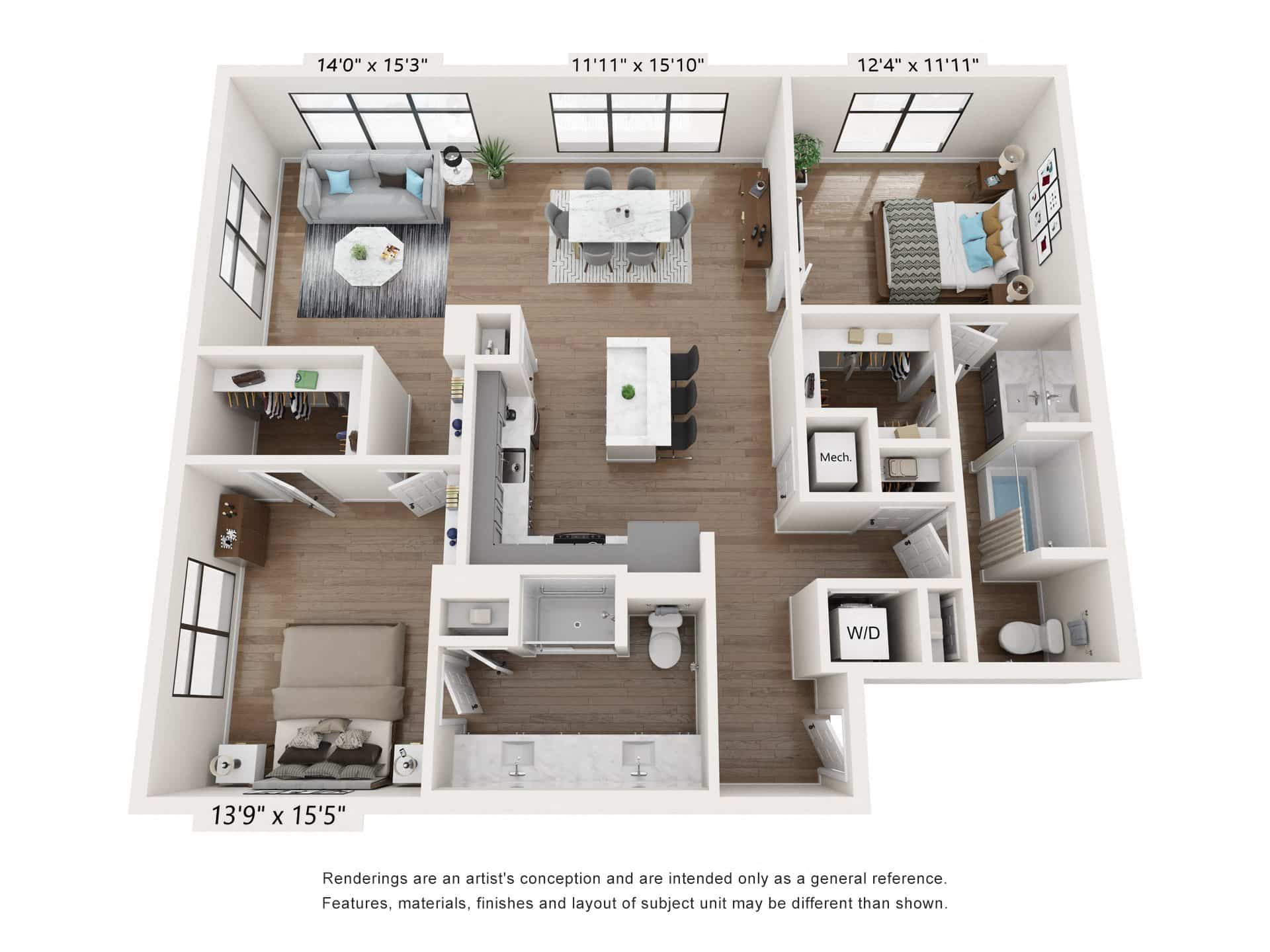A 3D image of the B8: 2 Bed 2 Bath – AFF floorplan, a 0 squarefoot, 2 bed / 2 bath unit